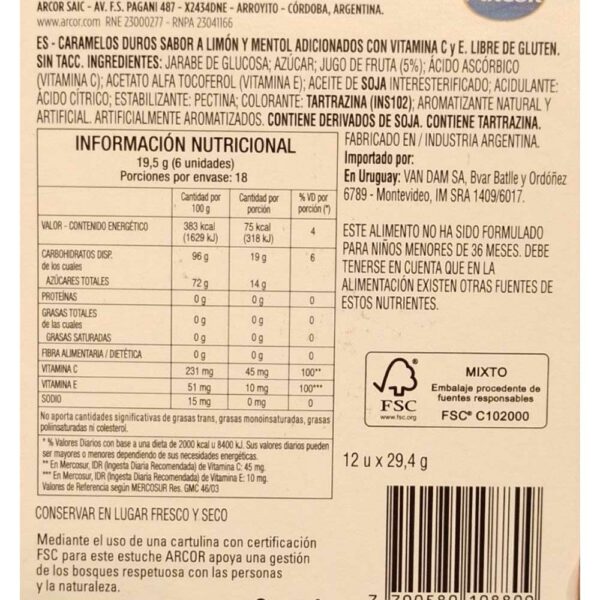 pastillas arcor menthoplus 12 un. vitamina c c/limon pastillas arcor menthoplus 12 un. vitamina c c/limon