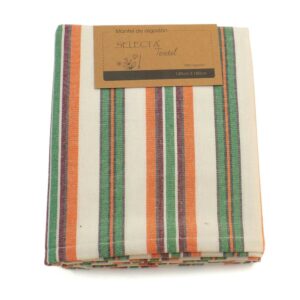 mantel algodon selecta 140 x 140 cm. lineas naranja/verde