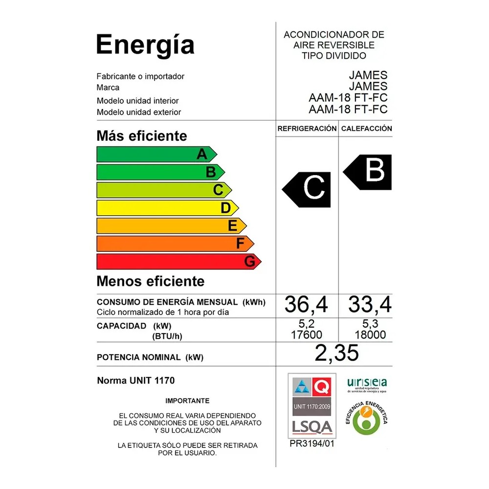 126100-2 ACONDICIONADOR AIRE JAMES 18000 BTU (AAM-18FT-FC) (71118)
