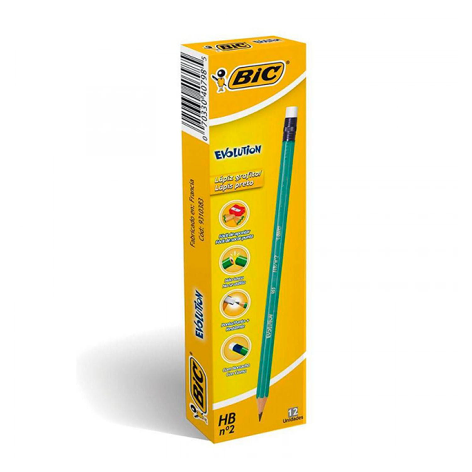 070330408524 LAPIZ BIC EVOLUTION HB Nº 2 VERDE C/GOMA CAJA X 12 UN.