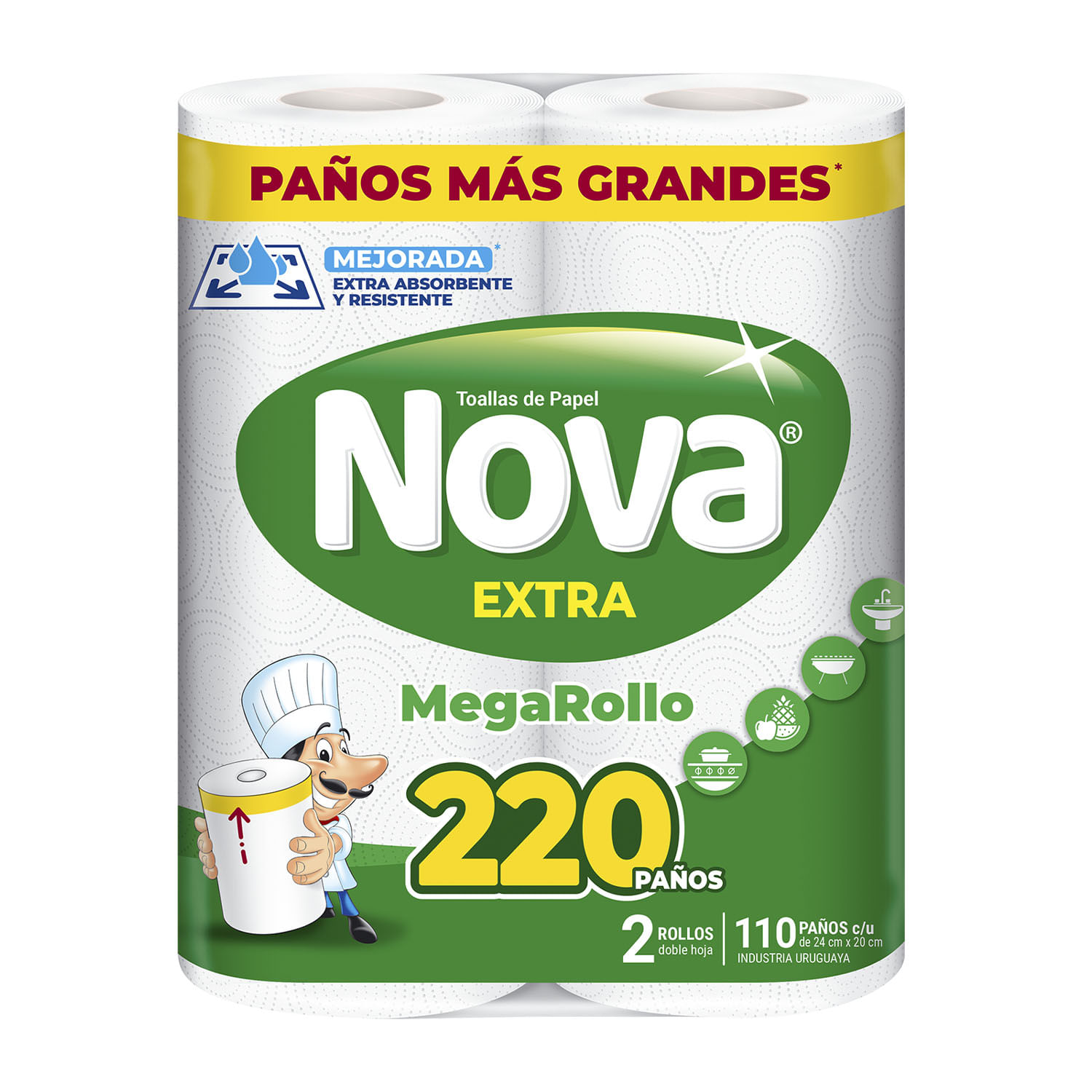 7730219013555 TOALLAS PAPEL P/COCINA NOVA MEGARROLLO 2 UN. 110 H C/U 24X20 CM. (1355)
