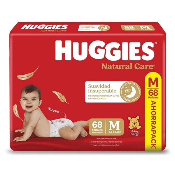 7736550004528 PAÑAL HUGGIES NATURAL CARE M 68 UN. UNISEX + TOALLITAS