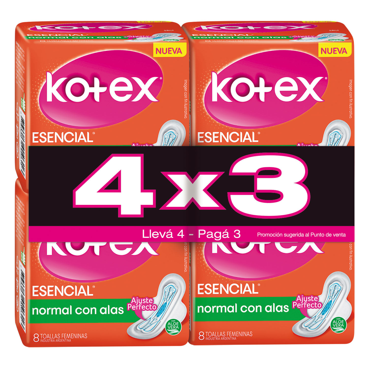 7736550004610 TOALLAS HIG. KOTEX ESENCIAL NORMAL C/ALAS 8 UN. OF. 4 X 3
