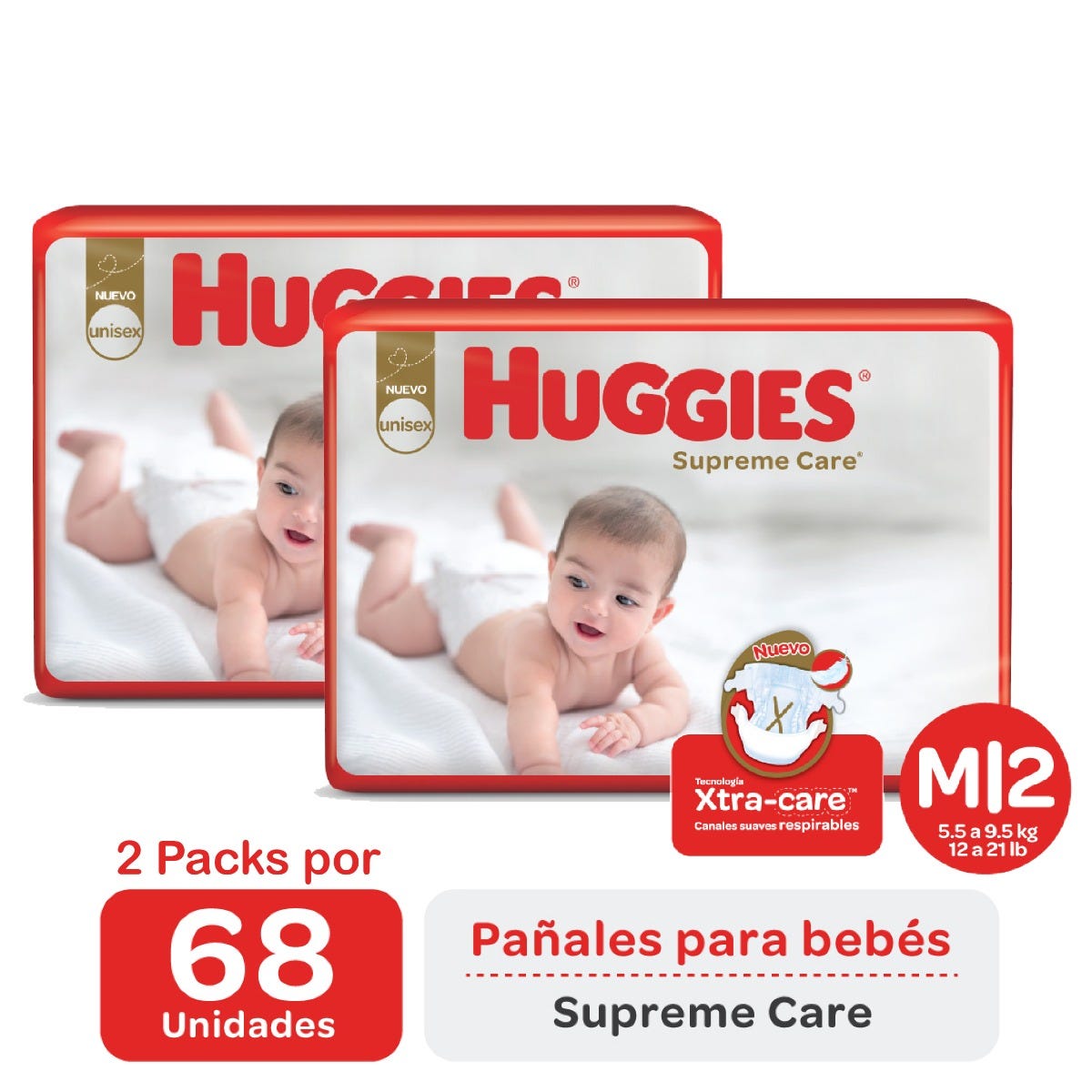 PAÑAL HUGGIES SUP. CARE MED. 68 UN. UNISEX (69791813)