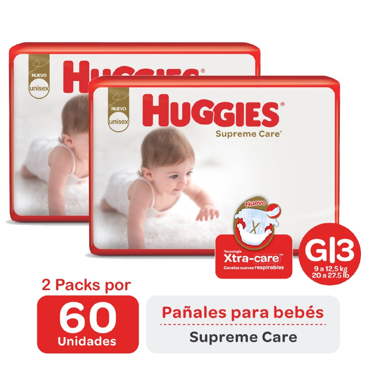7794626010101 PAÑAL HUGGIES SUP. CARE GDE. 60 UN. UNISEX (69791812)