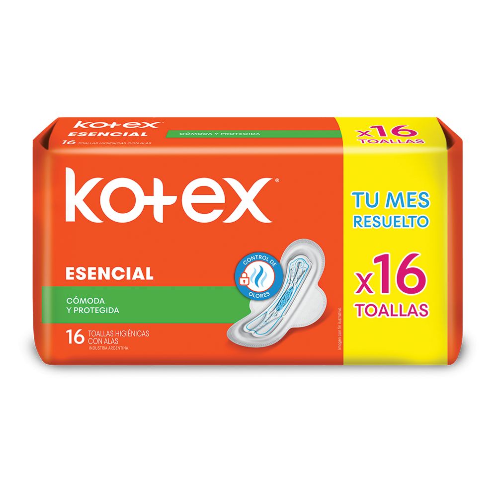 7794626014949 TOALLAS HIG. KOTEX ESENCIAL NORMAL COMODA Y PROTEGIDA C/ALAS 16 UN. (64770009)