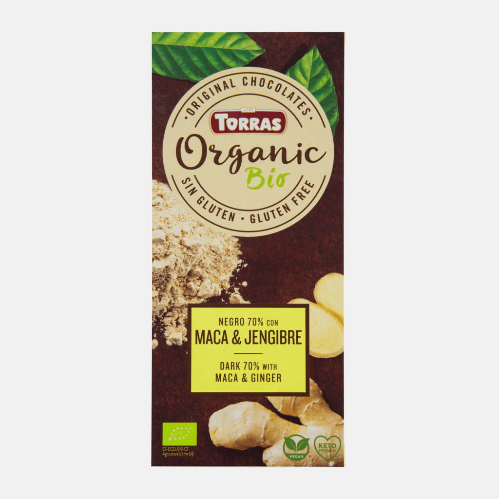 CHOCOLATE TORRAS ORG. S/GLUTEN 100 GRS. NEGRO C/MACA Y JENG
