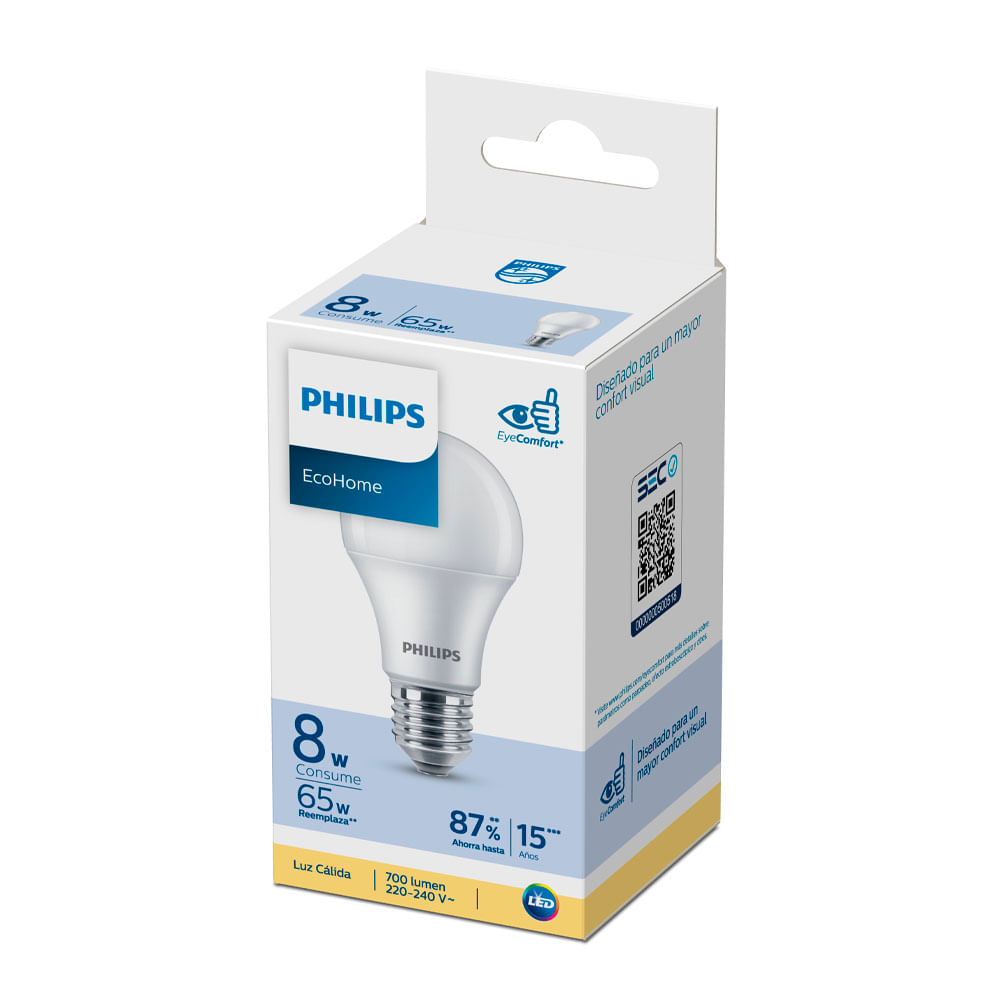 LAMPARA PHILIPS LED ECOHOME  8 W E27 CALIDA (67457)