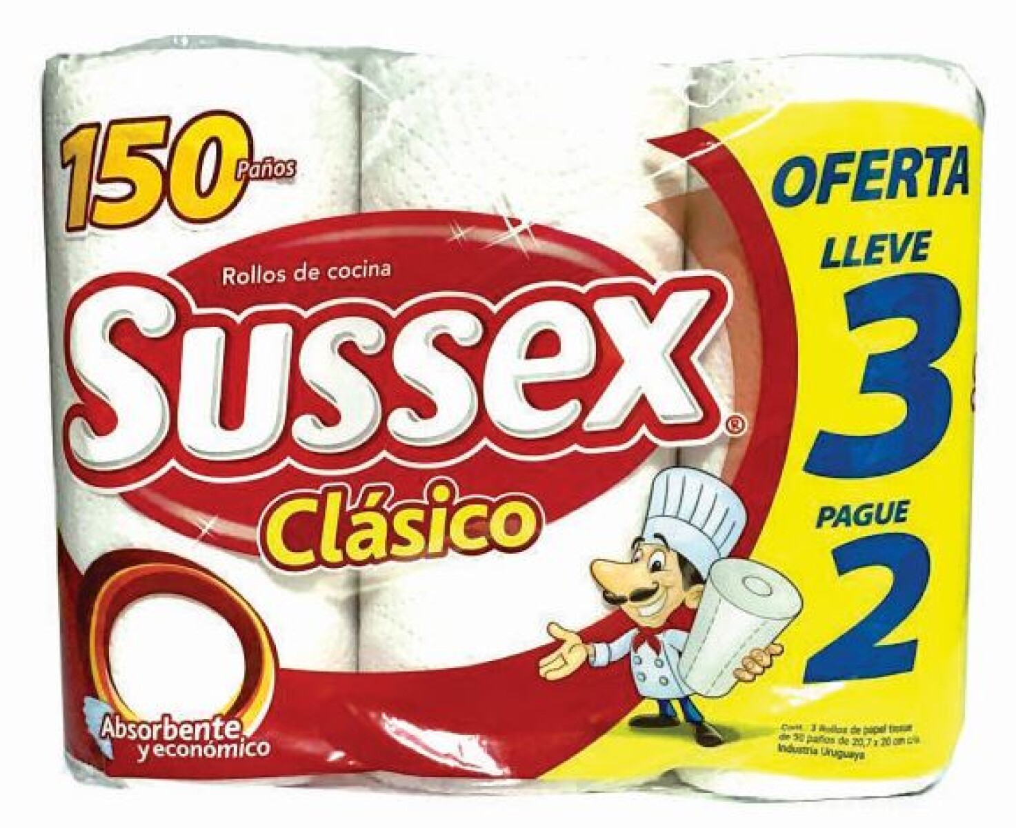 105708 TOALLAS PAPEL P/COCINA NOVA SUSSEX CLASICO 3X2 UN 150 PAÑOS