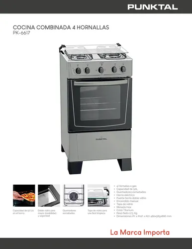 COCINA PUNKTAL PK-6617CO COMB. 4 H. GAS Y HORNO ELEC. INOX.
