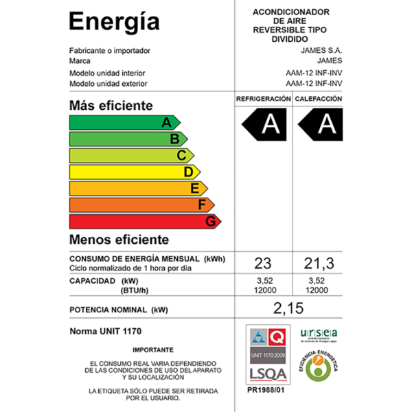 ACONDICIONADOR AIRE INVERTER JAMES 12000 BTU (AAM-12 INF-INV