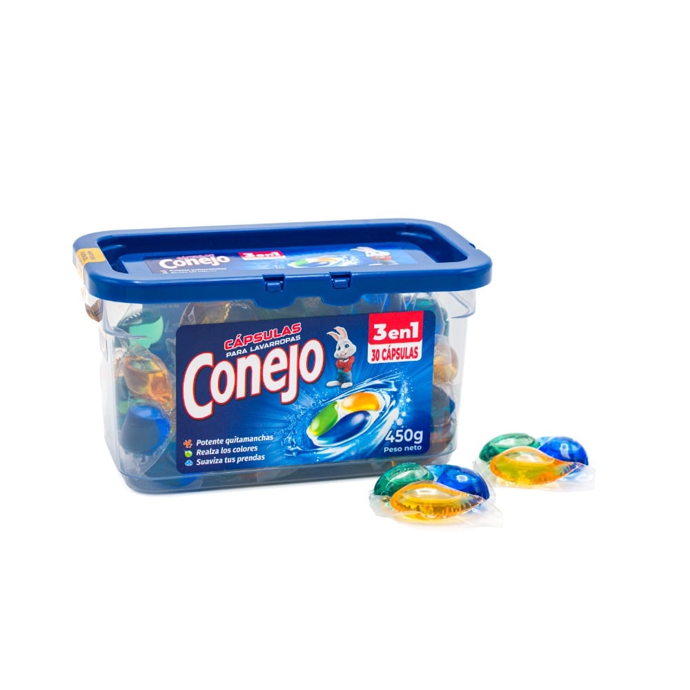 125019 JABON LIQ. CONEJO CAPSULAS 3 EN 1 TUPPER 30 UN. 450 GRS. (6900)