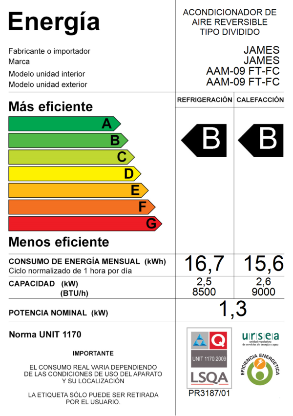 126462 ACONDICIONADOR AIRE JAMES 9000 BTU (AAM-09FT-FC) (7119)