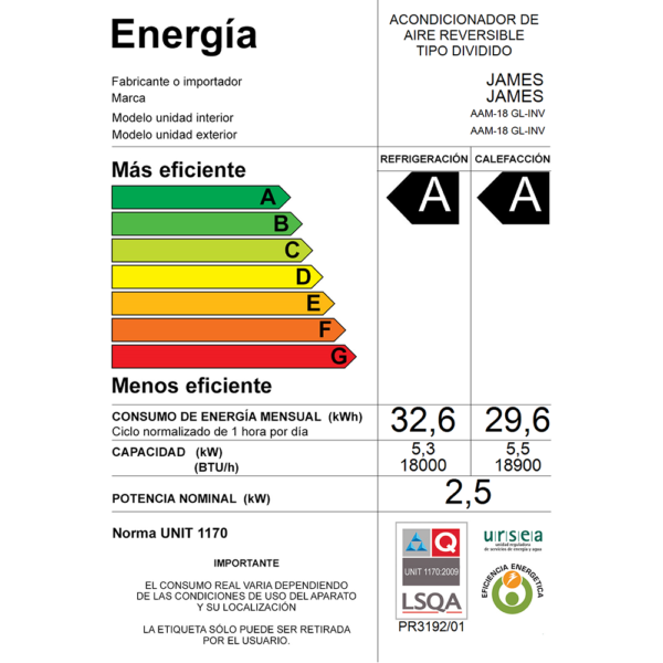 126486 ACONDICIONADOR AIRE INVERTER JAMES 18000 BTU (AAM-18 GL-INV)(90118)