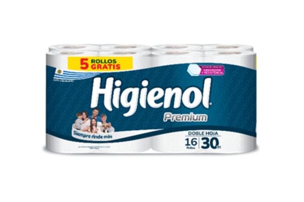 126636 PAPEL HIGIENICO HIGIENOL PREMIUM D. HOJA 16 X 11 UN. 30 M. (1616)